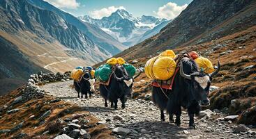 Yaks carrying loads on their backs walking down a mountain path photo