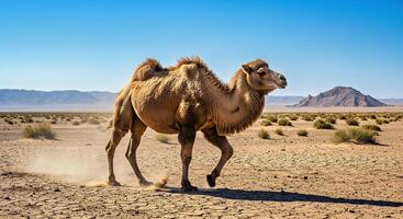 A camel walking across a dry desert landscape photo