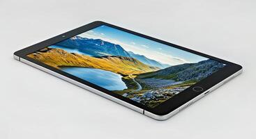 A tablet computer with a picture of a mountain on it photo