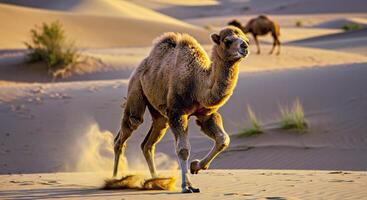 A camel running across a desert with other animals photo