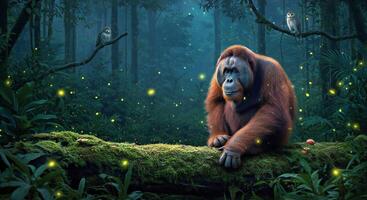 An oranguel sitting on a log in the forest with fireflies photo