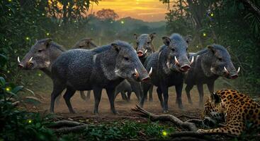 A group of warthogs and a leopard in the jungle photo