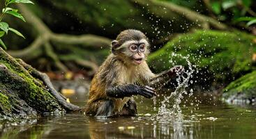 A baby monkey splashing water in the water photo