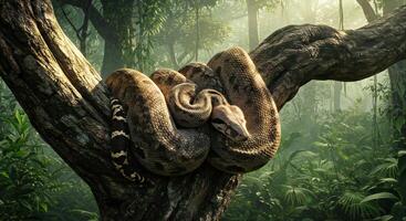 A large snake curled up on a tree branch photo