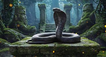 A cobra is sitting on a stone in the jungle photo