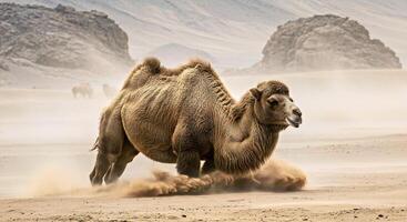 A camel is running in the desert photo