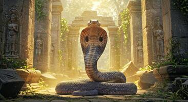 A cobra is sitting on the ground in front of a temple photo