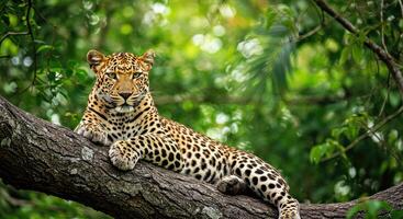 A leopard is sitting on a tree branch photo