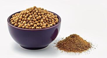 A bowl of mustard seeds and a small amount of ground mustard photo