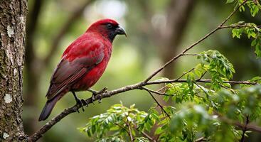 A red bird sitting on a tree branch photo