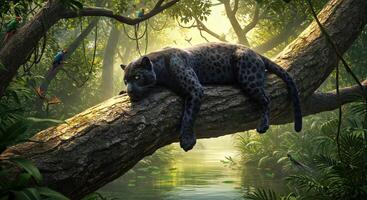 A black leopard is resting on a tree branch in the jungle photo