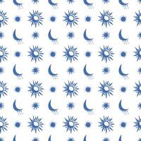 Blue moon and sun seamless pattern, hand drawn sun, moon, crescent pattern vector