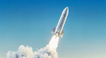 A rocket is taking off into the sky photo