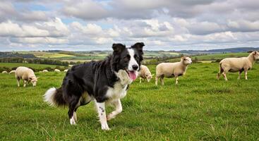 A dog is standing in a field with sheep photo