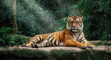 A tiger is sitting on a rock in the jungle photo