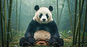 A panda bear sitting in the middle of a bamboo forest photo