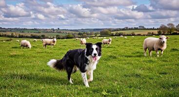 A dog is standing in a field with sheep photo