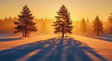 Sunrise in winter, trees in the snow photo