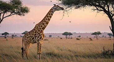 A giraffe eating from a tree in the middle of a field photo