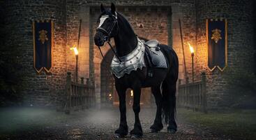 A horse standing in front of a castle photo