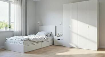 A bedroom with a bed, a wardrobe and a window photo
