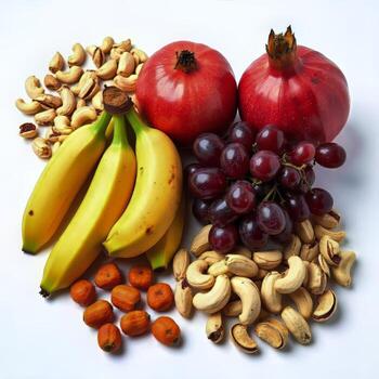 Fresh Fruit and Nuts Arrangement with Pomegranates and Bananas photo
