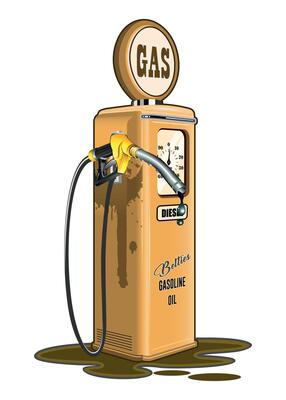 yellow retro gas station for refueling with gasoline stain on white background