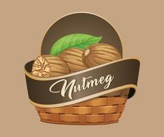 nutmeg nut jar sticker in the form of a wicker basket on a light brown background vector