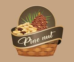 pine nut jar sticker in the form of a wicker basket on a light brown background vector
