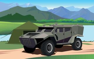 armored army military command vehicle in khaki green against the backdrop of riiver vector