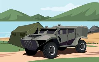 armored military command vehicle in khaki against the backdrop of mountains vector