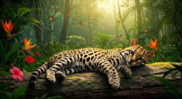 A leopard laying on a log in the jungle photo