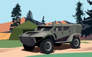 armored army military command vehicle in khaki green against the backdrop of mountains vector
