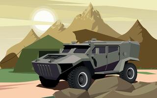 armored military command vehicle in khaki green against the backdrop of mountains vector