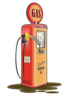 yellow and red retro gas station for refueling with gasoline stain on white background