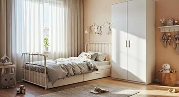 A small bedroom with a bed, a white cabinet and a window photo