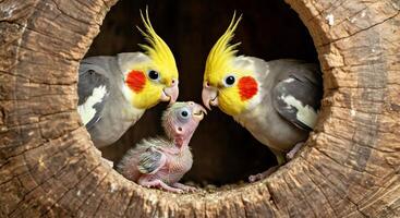 Two birds with yellow and red feathers are in a hole photo