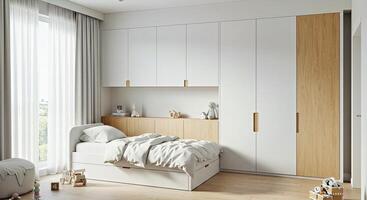 A bedroom with a bed, a desk and a window photo