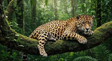 A jaguar is resting on a tree branch in the jungle photo
