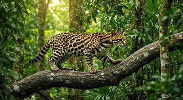 A leopard walking on a tree branch in the jungle photo