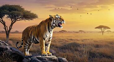 A tiger standing on a rock in the middle of a field photo