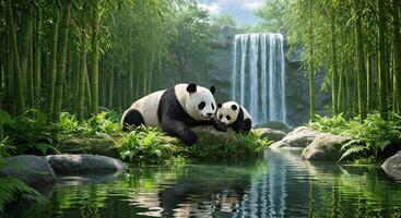 Two pandas sitting on a rock near a waterfall photo
