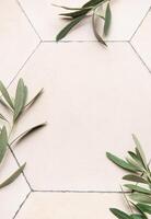 Olive branches framing neutral hexagonal tile background with copy space photo