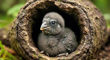 A baby bird inside a hollow log photo