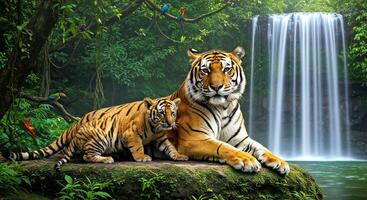A tiger and her cub sitting on a rock near a waterfall photo