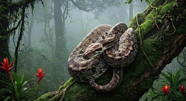 A large snake sitting on a tree branch in the jungle photo