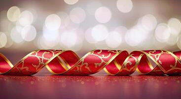 Red and gold ribbon on a table with a blurry background photo