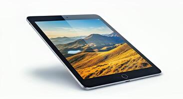 A tablet computer with a landscape view on it photo