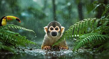 A small monkey is standing in the rain with a toucan photo
