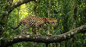 A leopard walking on a tree branch photo